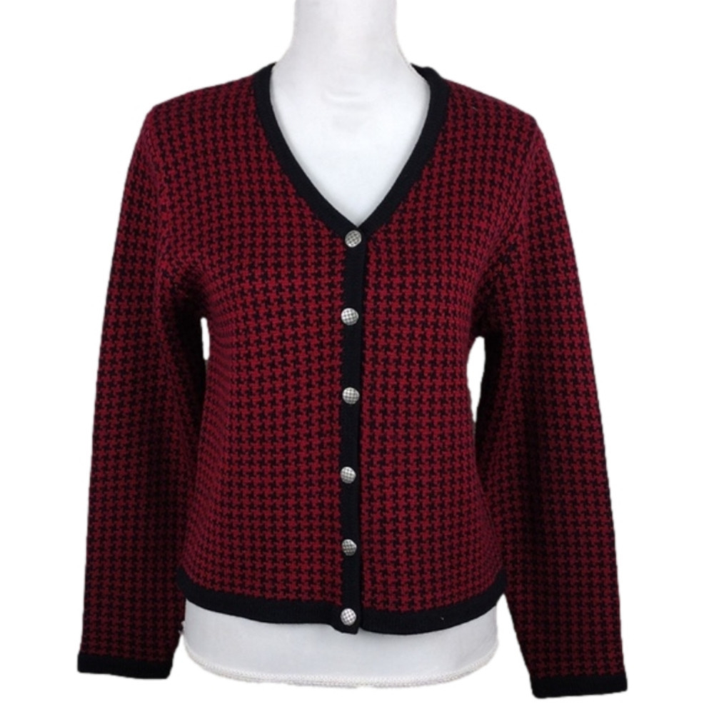 Christopher & Banks Vintage Red Houndstooth V-Neck Button Front Cardigan Sweater